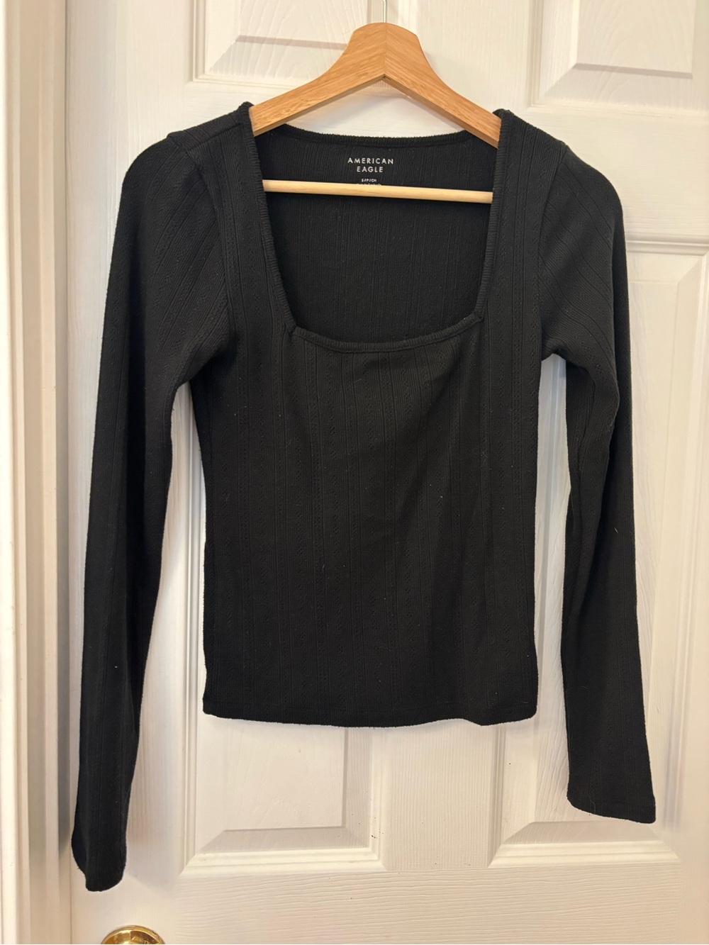 American Eagle Outfitters Black Pointelle Square Neck Long Sleeve Top
